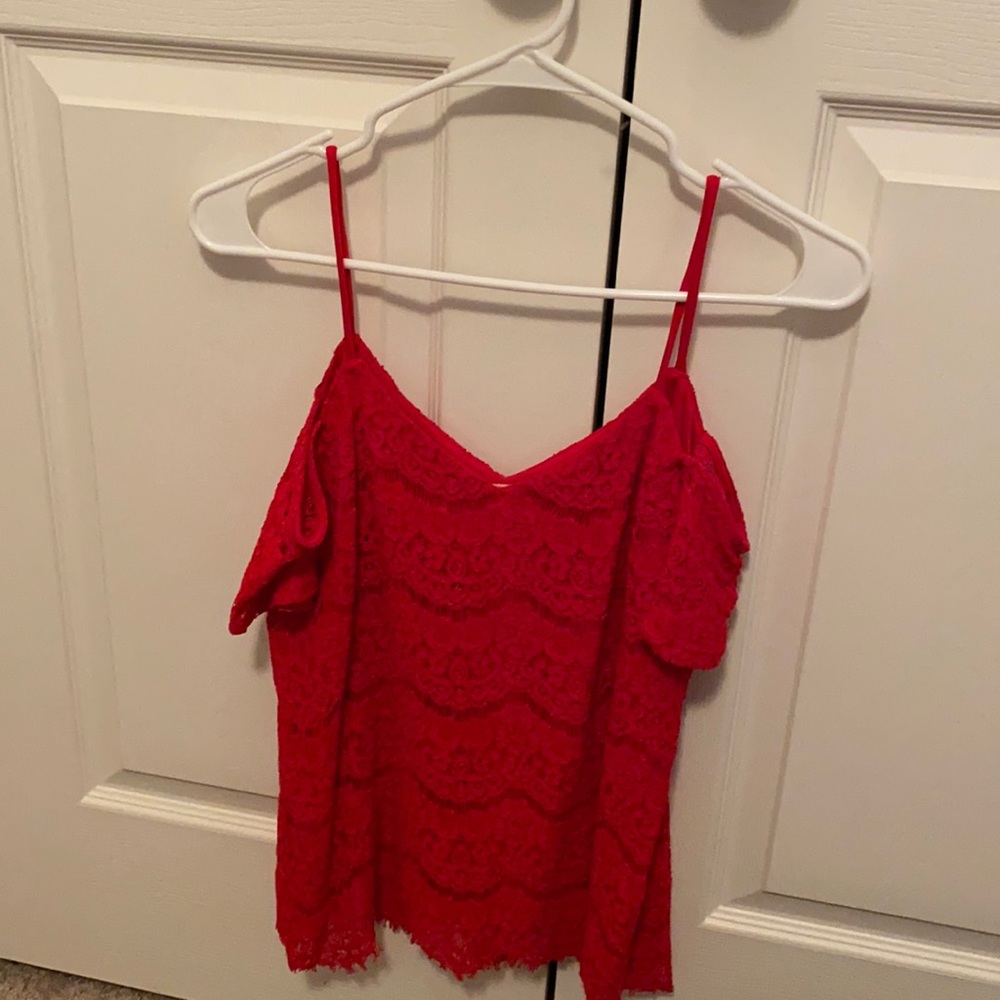 Red lace cold-shoulder blouse